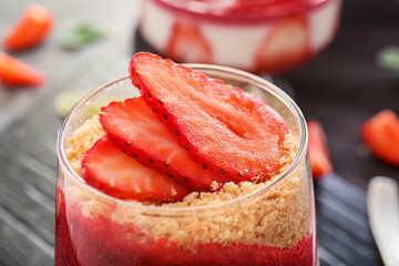 Glass with tasty panna cotta, closeup