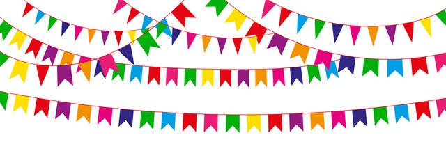 Obraz premium Holiday flags. Garland with colored flags on a white background. Holiday background