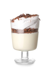 Glass with tasty panna cotta on white background