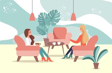 Happy Young Women Pair Talking Sit at Cafe Cartoon. Two Smiling Girls Sitting in Armchairs and Chatting over Cup of Tea. Female Friends Spending Time, Pastime Together. Vector Flat Illustration