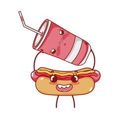 fast food cute hot dog and plastic cup with cartoon
