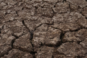 Dry cracked earth background in arid season. Many Province of North East in Thailand the ground dry. Brown cracked soil in the summer When water in Mekong, canal, brook, reservoir, dry up. Dryness.