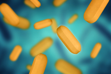 3D illustration of pills on a blurred background. Tablets against bacteria. The falling of the tablets from the virus.
