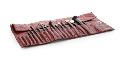 Set of makeup brushes on white background