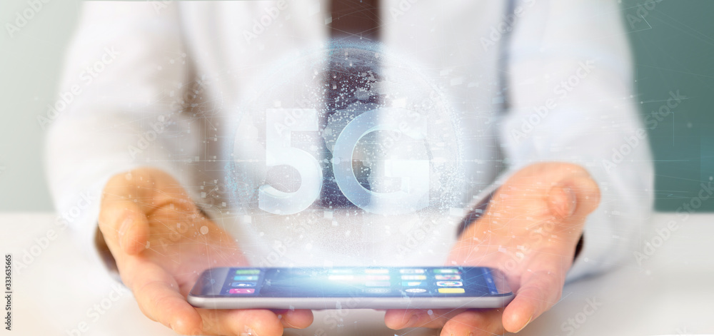 Aufkleber businessman holding a 5g connection with data surrounding - 3d rendering