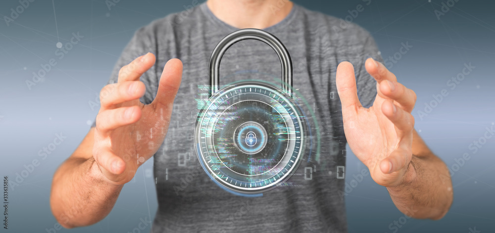 Poster businessman holding a padlock and security data - 3d rendering
