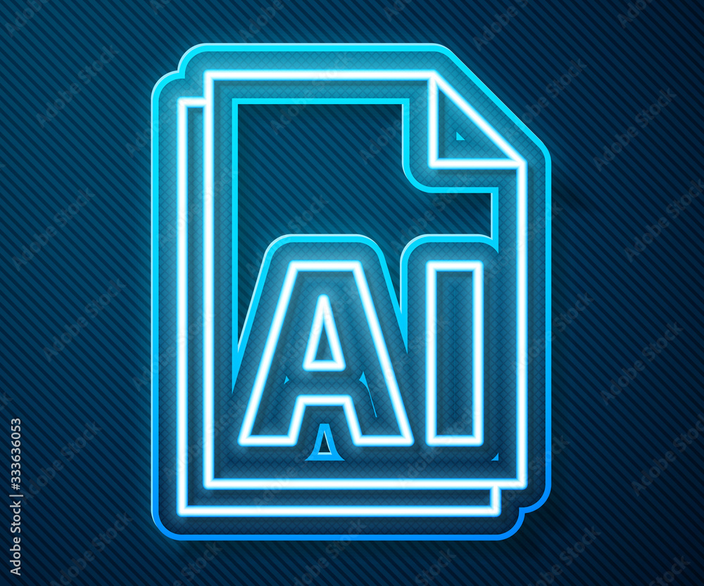 Poster glowing neon line ai file document. download ai button icon isolated on blue background. ai file sym