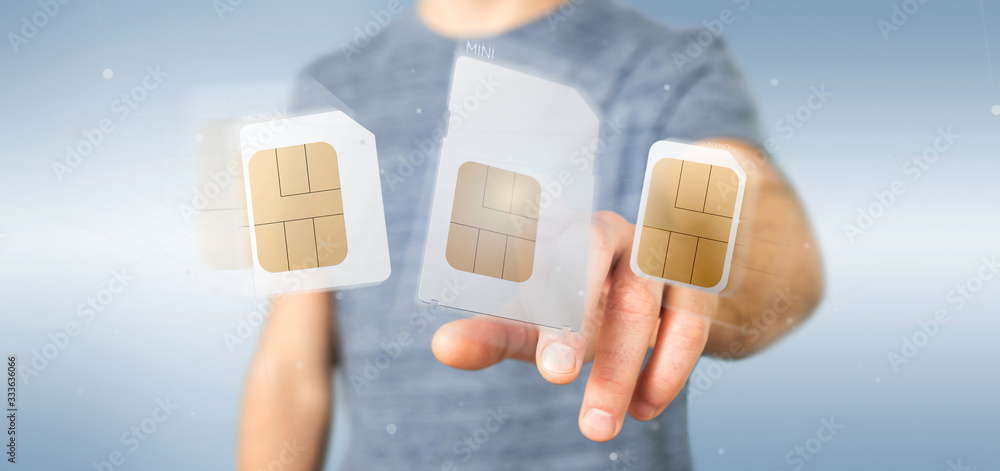 Poster businessman holding different size of a smartphone sim card 3d rendering