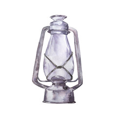 Grey old lantern isolated on white background. Hand drawn watercolor illustration.
