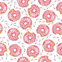 Seamless pattern with pink sugar donuts with hearts on white background. Hand drawn watercolor illustration.