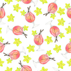 Seamless pattern with pink tropical cocktails with fresh carambola on white background. Hand drawn watercolor illustration.