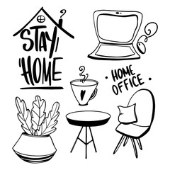 Lettering words home office, stay home, chair, table, laptop set cute digital outline doodle art. Print for stickers, banners, posters, fabrics, web, posts, textiles, wrapping paper, scrapbooking.