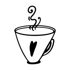 Tea cup with a heart cute digital outline doodle art. Print for stickers, banners, posters, fabrics, web, posts, textiles, wrapping paper, scrapbooking.