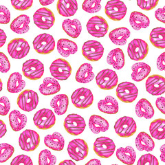 Seamless pattern with pink donuts or cookies on white background. Hand drawn watercolor illustration.