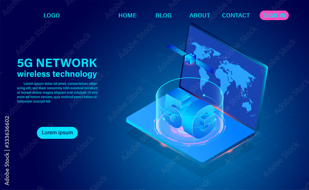 Poster 5g network wireless technology communication on computer. isometric flat design vector illustration