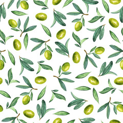 Seamless pattern with green olive tree branches, leaves and berries on white background. Hand drawn watercolor illustration.