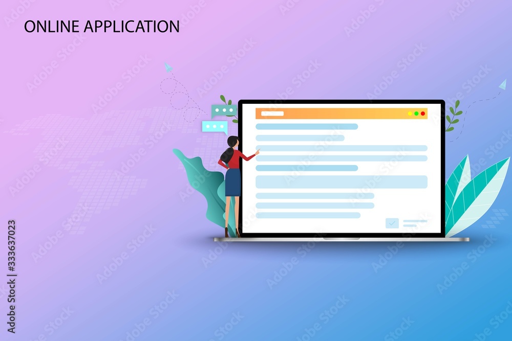 Aufkleber online application concept, young woman is applying in the internet by using laptop to find a course