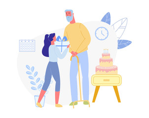 Grey Haired and Bearded Man with Walking Stick, Receiving Greetings and Congratulations. Loving Granddaughter, Giving Her Aged Grandpa Gift Box. Birthday Party at Home with Huge Festive Cake.