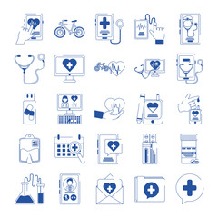 online doctor health medicine care blue line style icons set