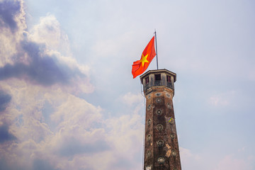 Flag of Vietnam on old tower in Vietnam Military History Museum and OLD QUARTER CITY in HANOI...