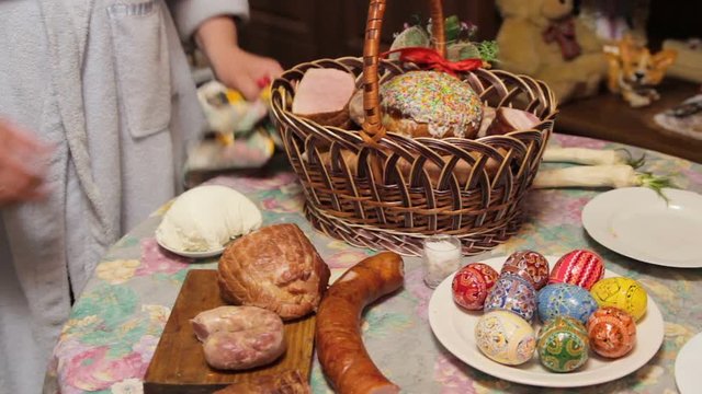 Easter traditions of Ukraine,Easter woman preparing a basket at home