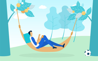 Man Lying in Hammock Hanging between Green Trees Flat Cartoon Vector Illustration. Guy Having Rest and Drinking Coffee. Spending Time on Nature with Fresh Air. Football Ball. Relax in Forest.