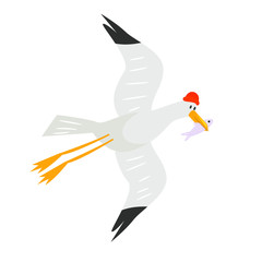 A seagull caught a fish. Funny cartoon illustration in flat style.