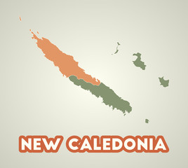 New Caledonia poster in retro style. Map of the country with regions in autumn color palette. Shape of New Caledonia with country name. Astonishing vector illustration.