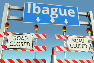 Roadblocks near Ibague city traffic sign. Quarantine or lockdown in Colombia conceptual 3D rendering