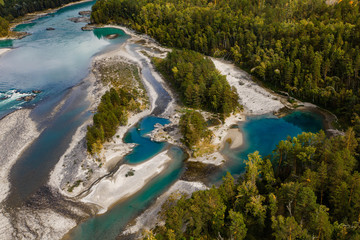 Bird's eye view of beautiful blue river Katun in Altai mountains, Russia