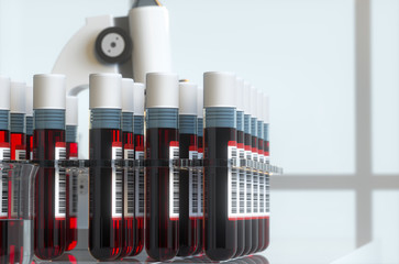 Blood test tubes with laboratory, 3d rendering.