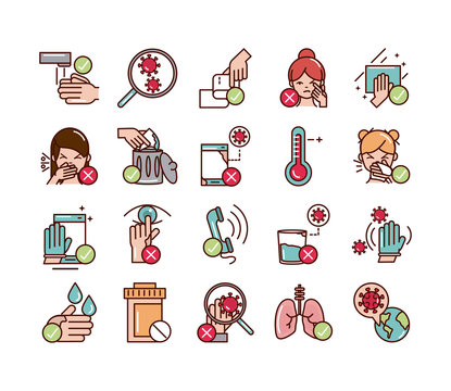 avoid and prevent spread of covid19 icons set line and file icon