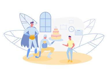 Two Animators, Young Men, Dressed Like Heroes with Supernatural Abilities, Entertaining Guests at Birthday Party. Huge Cake with Candles for Birthday Boy. Happy Teenager, Celebrating and Having Fun.