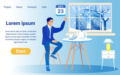 Vector Landing Page Template for Trendy Online Project. Copy Space for Your Text. Young Man, Sitting by Tea Table with White Cup and Pot, Pointing at Date December, 23. Winter City Outside Big Window.