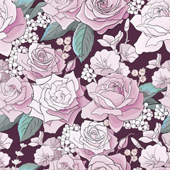 Seamless pattern with roses. Pink flowers, leaves on white background. Abstract colorful pattern in floral style.