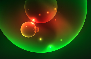 Neon shiny transparent glowing circles with light effects. Techno futuristic vector abstract background For Wallpaper, Banner, Background, Card, Book Illustration, landing page