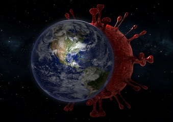 A 3D image of corona virus behide the earth facing America continent