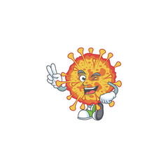 A joyful epidemic COVID19 mascot design showing his two fingers