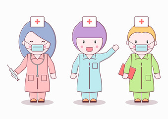 Set of illustrations of a doctor. Lovely doctors in working uniform and with medical masks on their faces.