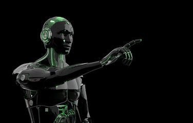 Black and green intelligent robot cyborg pointing finger on dark 3D rendering