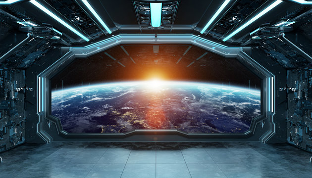 Dark blue spaceship futuristic interior with window view on planet Earth 3d rendering