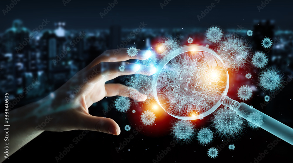 Poster man analyzing holographic coronavirus projection through magnifying glass 3d rendering