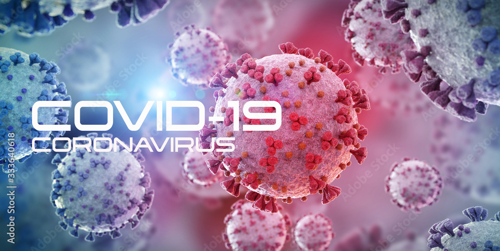 Poster 3d rendering of the coronavirus on a microscopic level. microscope close-up of the covid-19 disease.