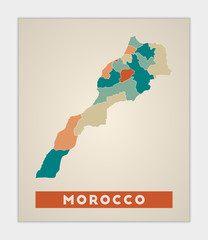 Morocco poster. Map of the country with colorful regions. Shape of Morocco with country name. Modern vector illustration.