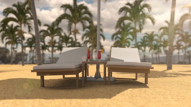 Sunny scene of the vacation on the hot beach under beach umbrella. On the sandy beach are two empty chaise loungers in the shade under a sun umbrella and glasses with a tropical cocktail.