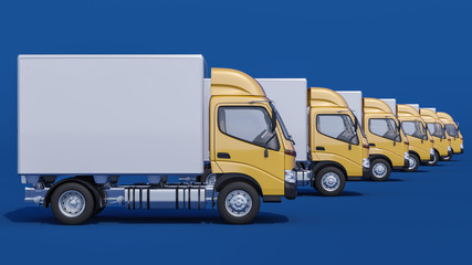Lined Up Cargo Trucks in Yellow and White Colors on Blue Background 3D Rendering