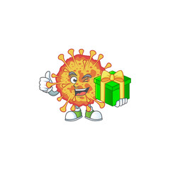 Cheerful epidemic COVID19 cartoon character holding a gift box