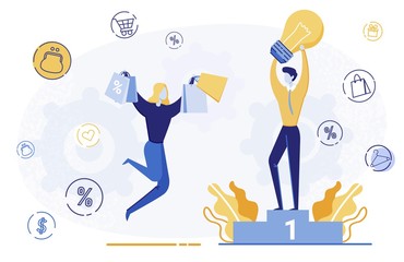 Creative Customer Attraction Vector Illustration. Man Offering Best Gift Price Cartoon Character. Happy Woman with Shopping Bags Enjoying Seasonal Discounts. Satisfied Store Customers