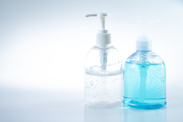 Hand sanitizer gel pump bottle amd alcohol spray for Coronavirus disease (COVID-19) prevention home quarantine, health care concept