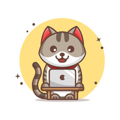 Cat Working On Laptop Vector Icon Illustration. Cat And Laptop. Flat Cartoon Style Suitable for Web Landing Page, Banner, Sticker, Background